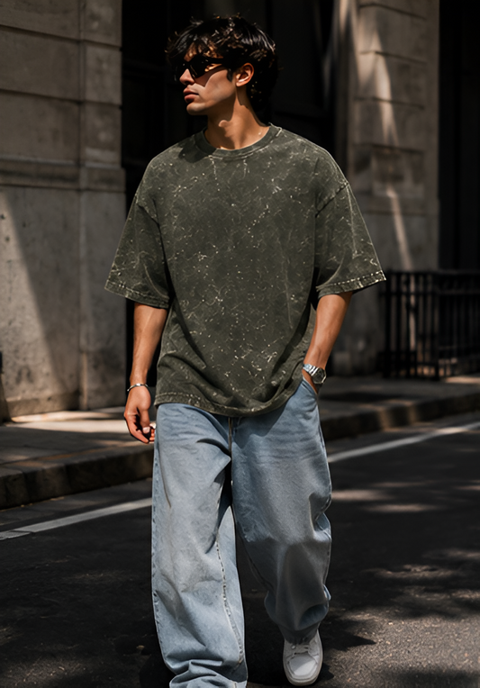 Olive Green Acid Wash Oversized Tee