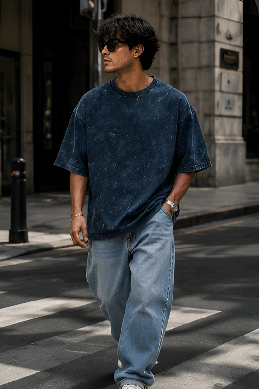 Navy Blue Acid Wash Oversized Tee