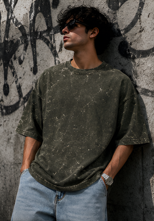 Olive Green Acid Wash Oversized Tee