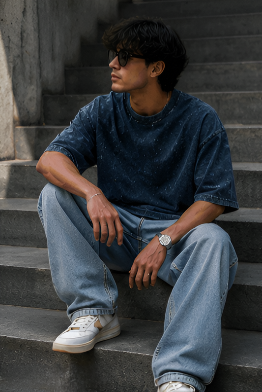 Navy Blue Acid Wash Oversized Tee