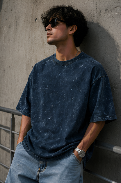 Navy Blue Acid Wash Oversized Tee